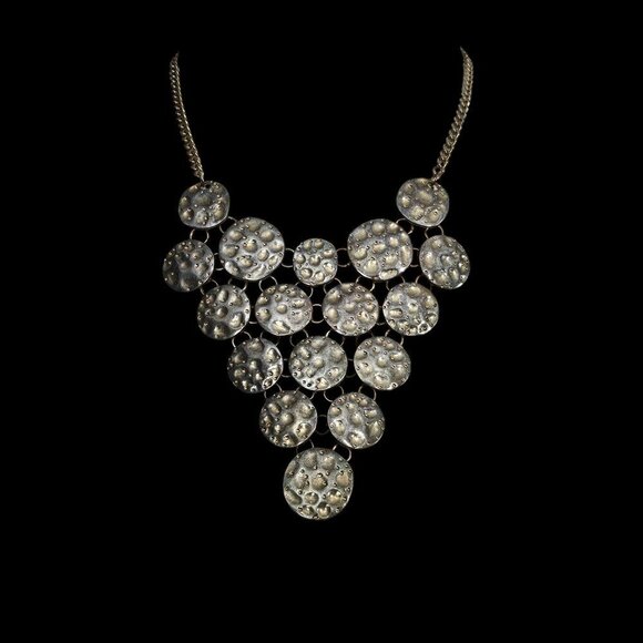 Vintage Gold Silver Tone Textured Multi Disk Cascading Statement Bib Necklace - Picture 2 of 6